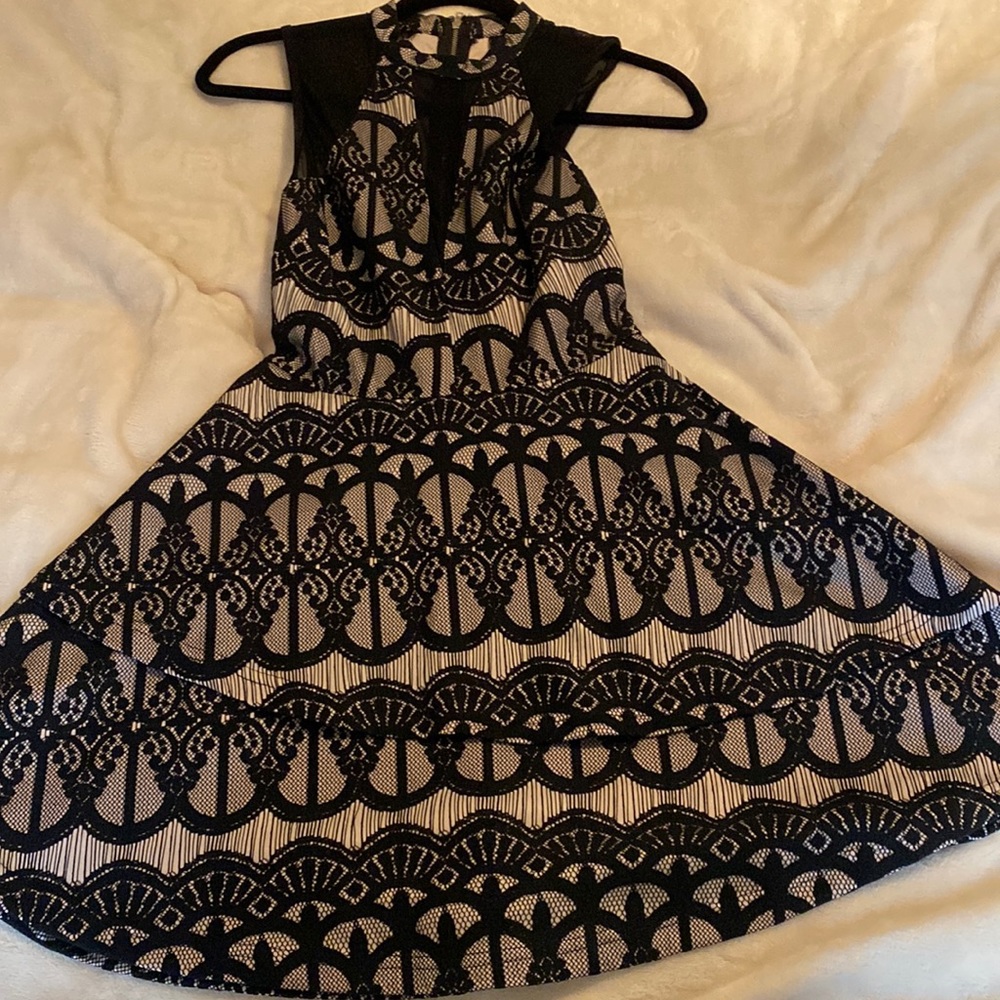Small Black and Tan Lace Dress with Sheer Cut Outs